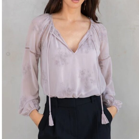 Lovestitch Embroidered Dusty Lilac Grey Chiffon Blouse sz L, NWT - Picture 1 of 5